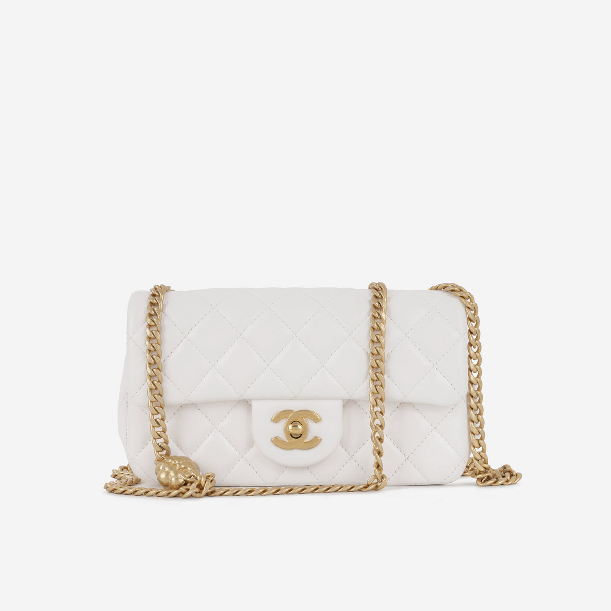 Chanel Mini Rectangular Camellia Crush - White Lambskin | Antique gold Hardware