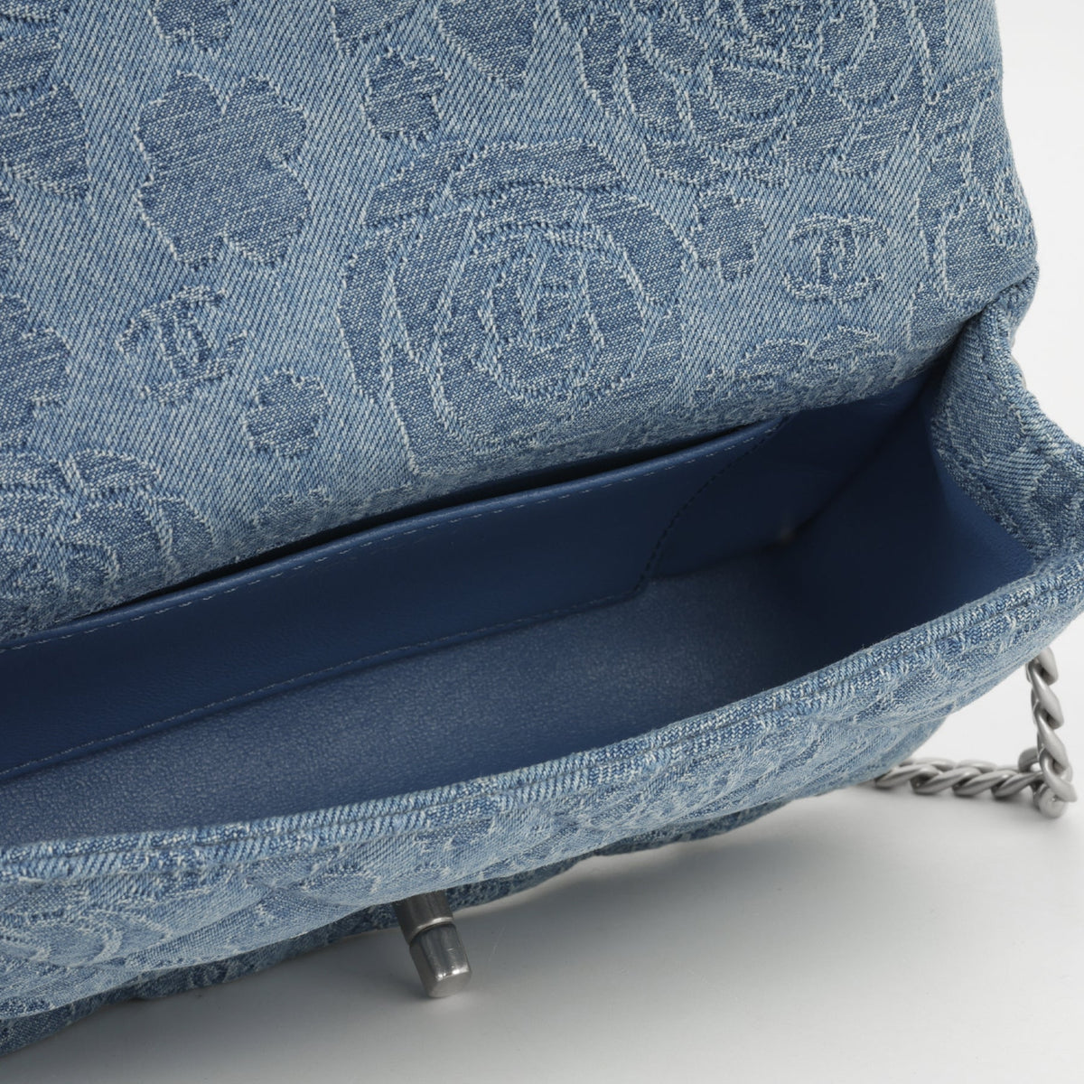 Chanel Mini Rectangular Camellia Crush - Blue Embroidered Denim | Silver Hardware