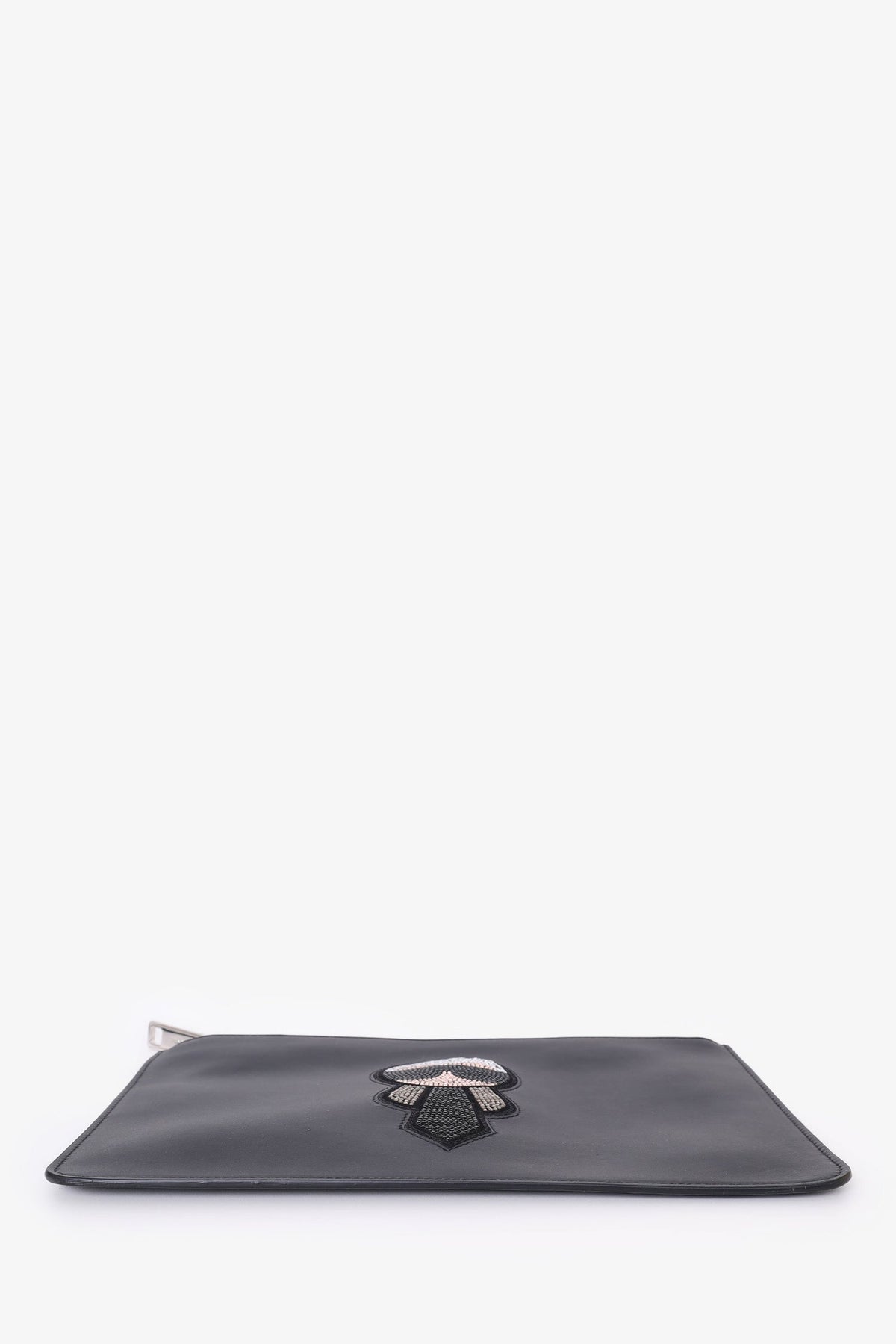 Fendi Black Calfskin CrystalEmbroidery Karlito Zip Pouch