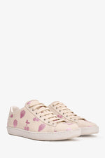 Gucci Beige Leather Pink Metallic Strawberry Printed Sneakers Size 37.5