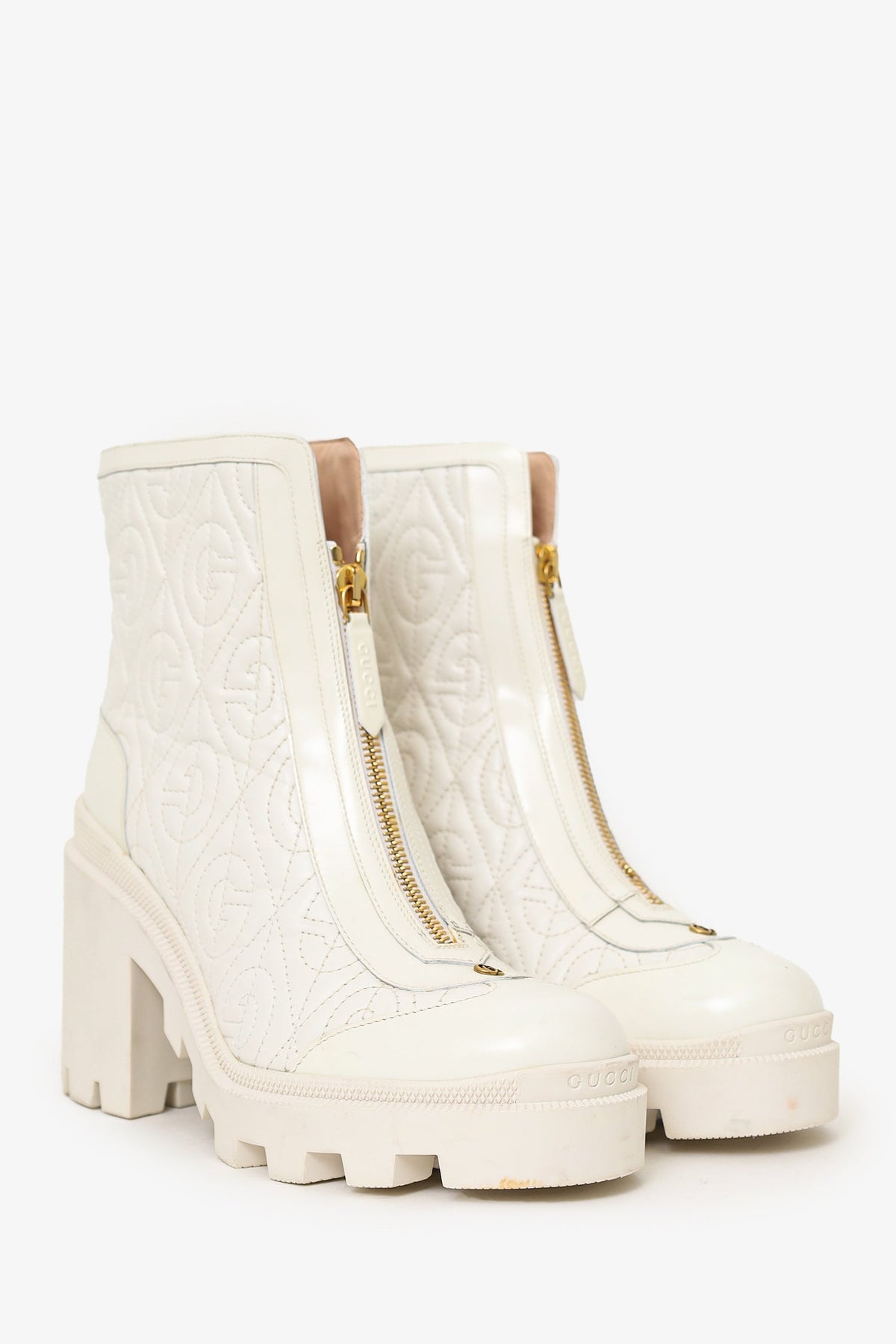 Gucci Cream Quilted Leather Heeled Front Zip Boots Size 38