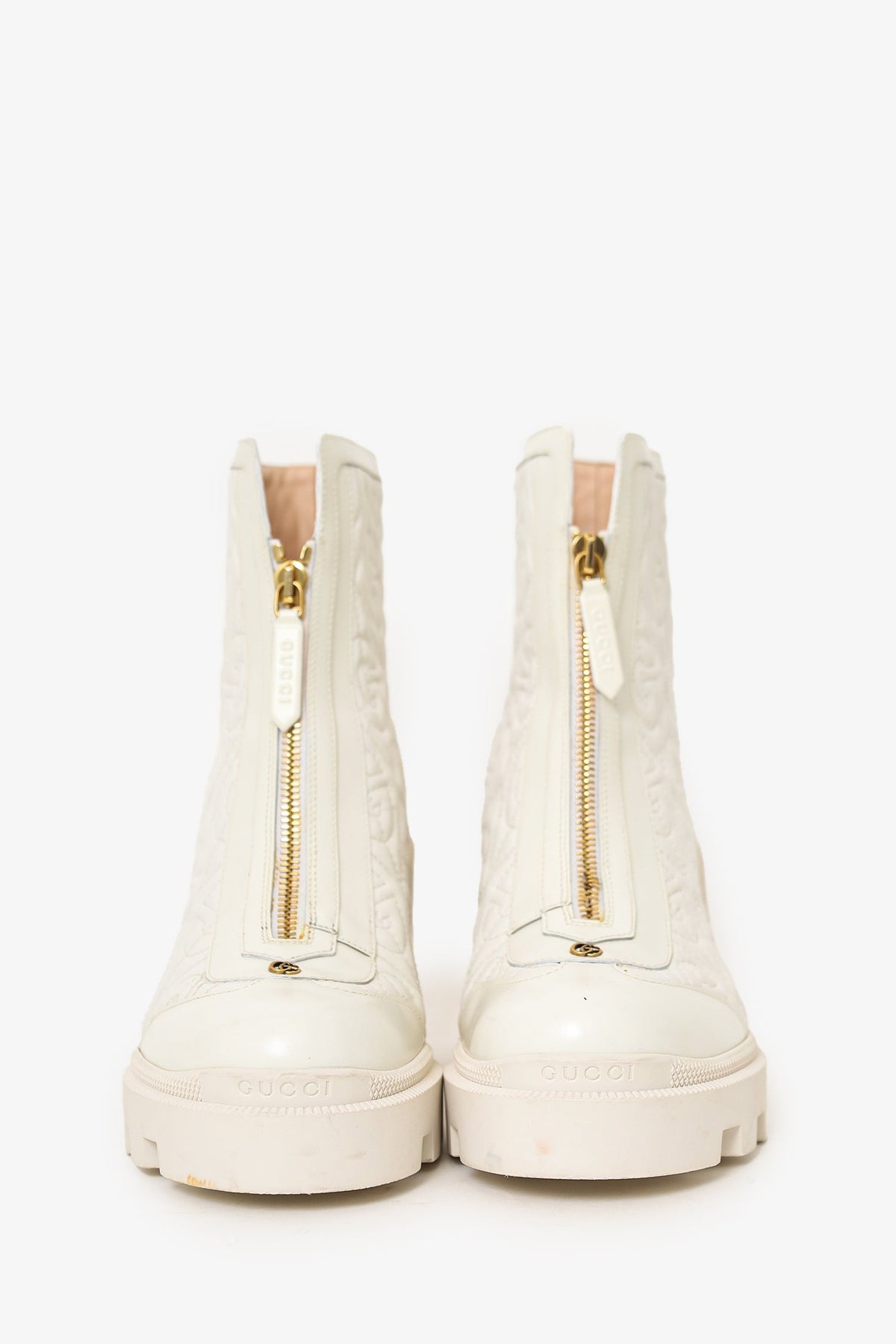 Gucci Cream Quilted Leather Heeled Front Zip Boots Size 38