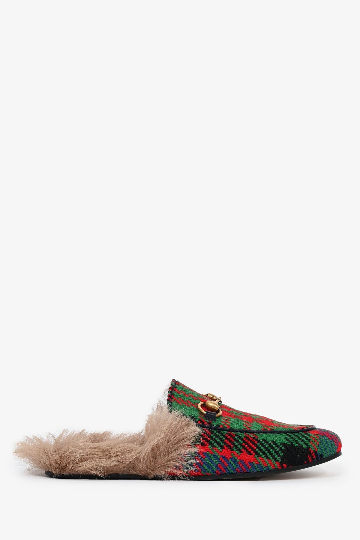 Gucci Red/Green Houndstooth Fur Lined Princetown Slides Size 6 Mens