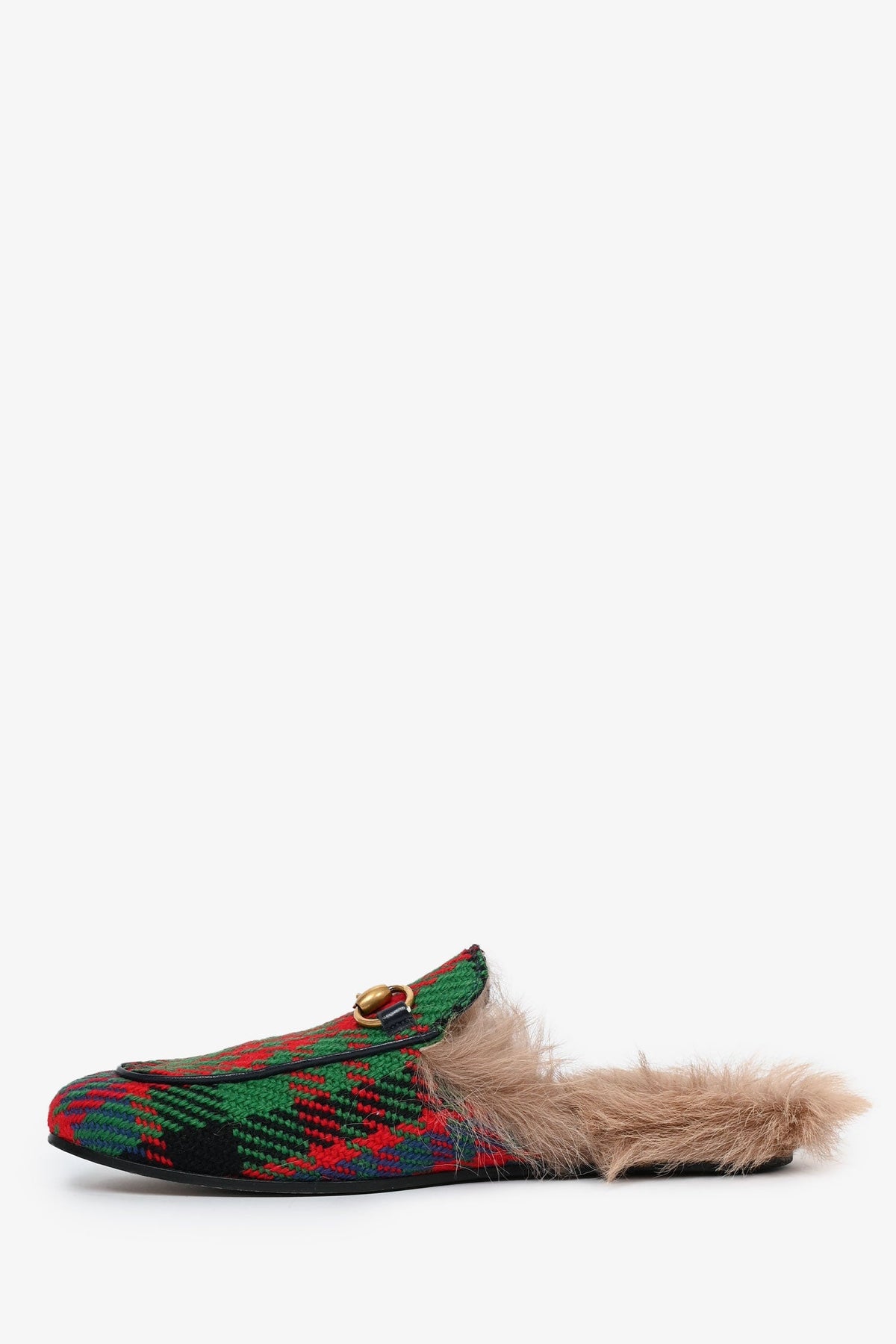 Gucci Red/Green Houndstooth Fur Lined Princetown Slides Size 6 Mens
