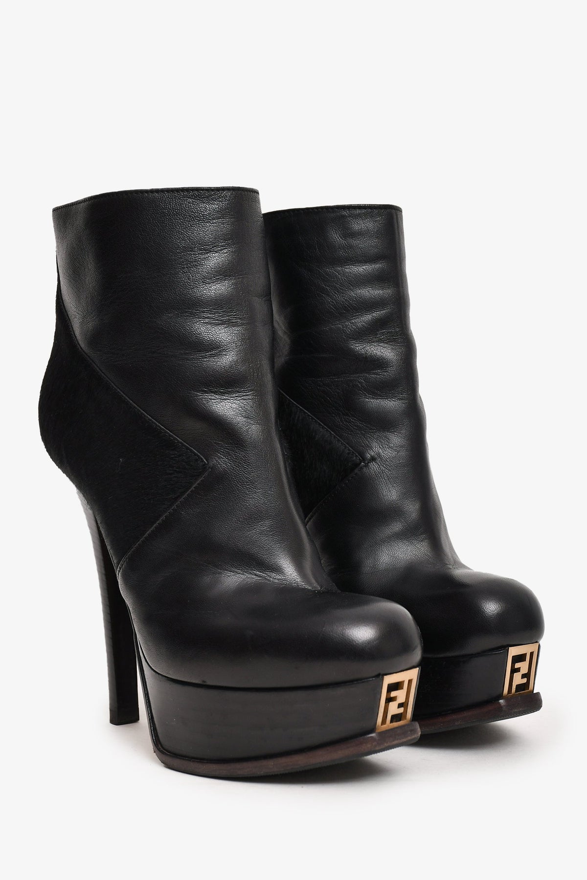 Fendi Black Leather/Pony Hair Calfskin FF Logo Platform Ankle Boots Size 36.5