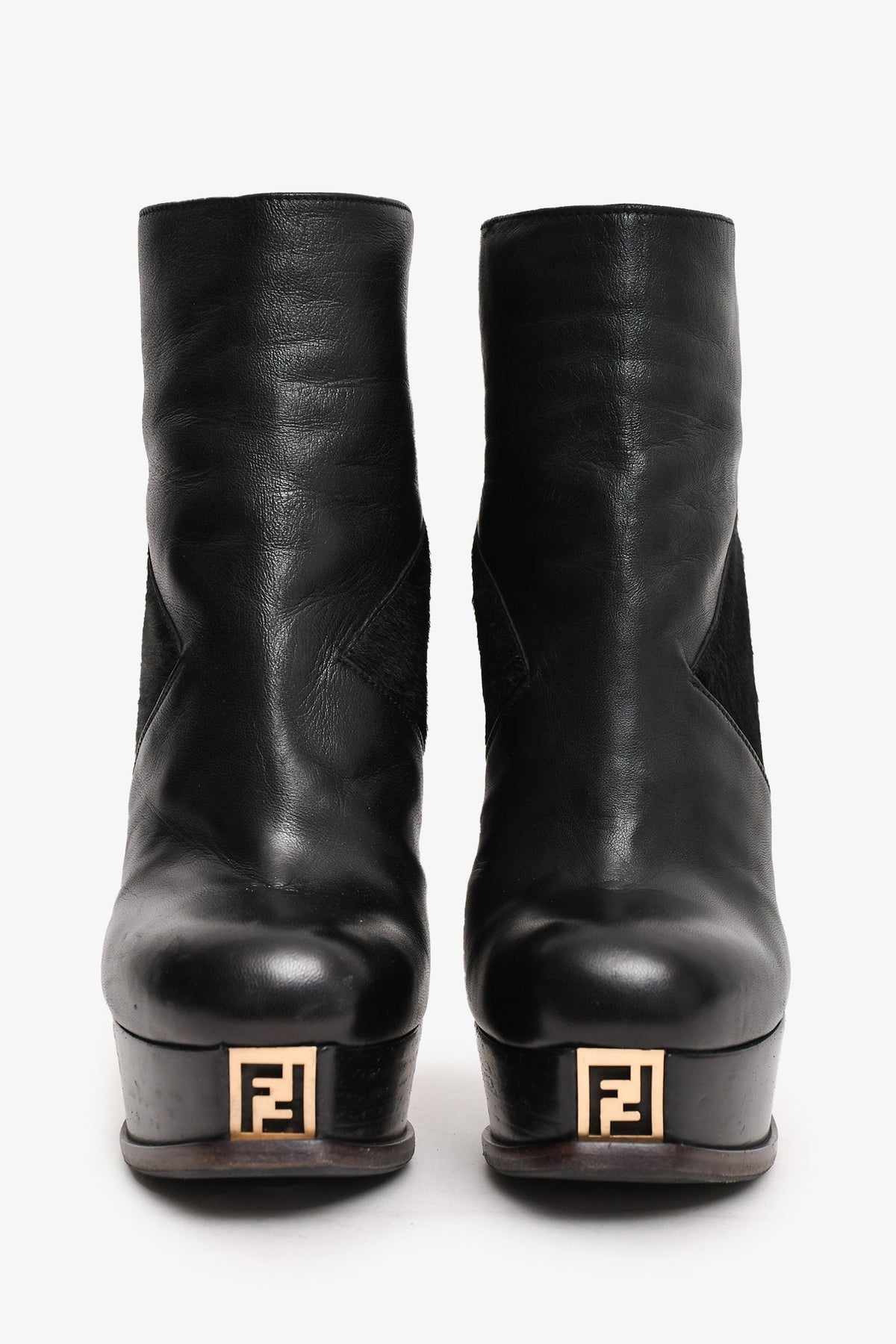 Fendi Black Leather/Pony Hair Calfskin FF Logo Platform Ankle Boots Size 36.5