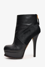 Fendi Black Leather/Pony Hair Calfskin FF Logo Platform Ankle Boots Size 36.5