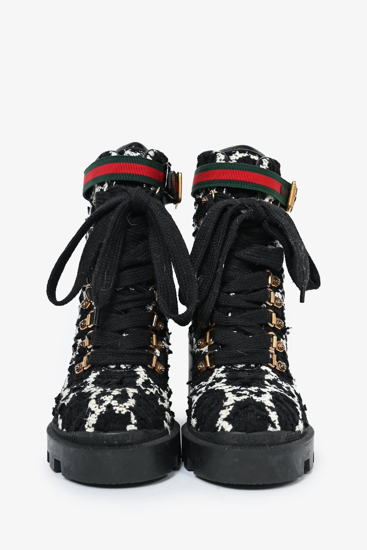 Gucci Black/White Tweed Heeled Combat Boots Size 35.5