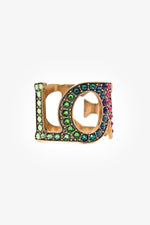 Gucci Gold Toned Multicolour Crystal 'LOVED' Cuff Bracelet