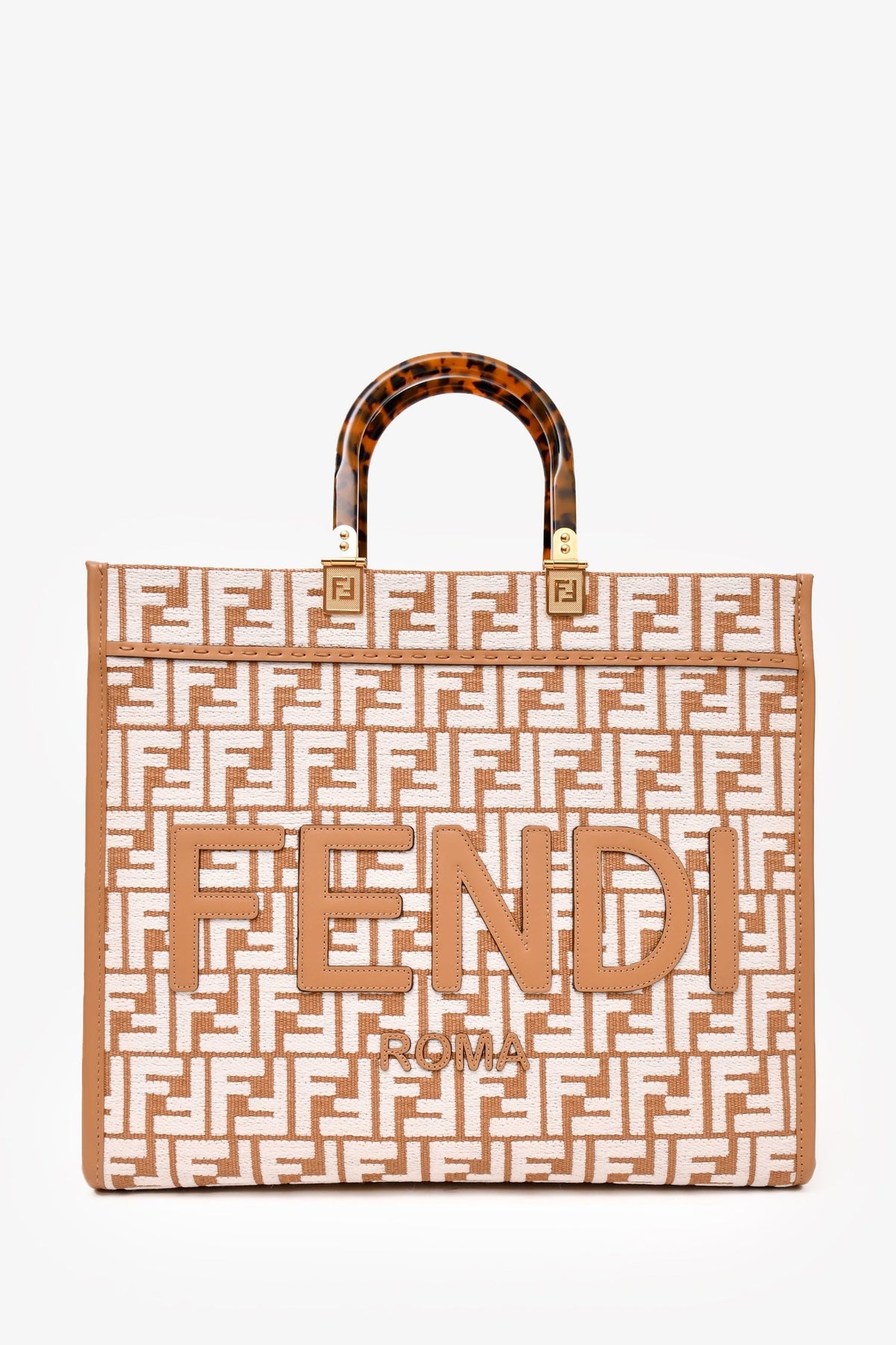 Fendi Brown/ White Leather/Canvas FF Zucca Sunshine Shopping Tote With Strap