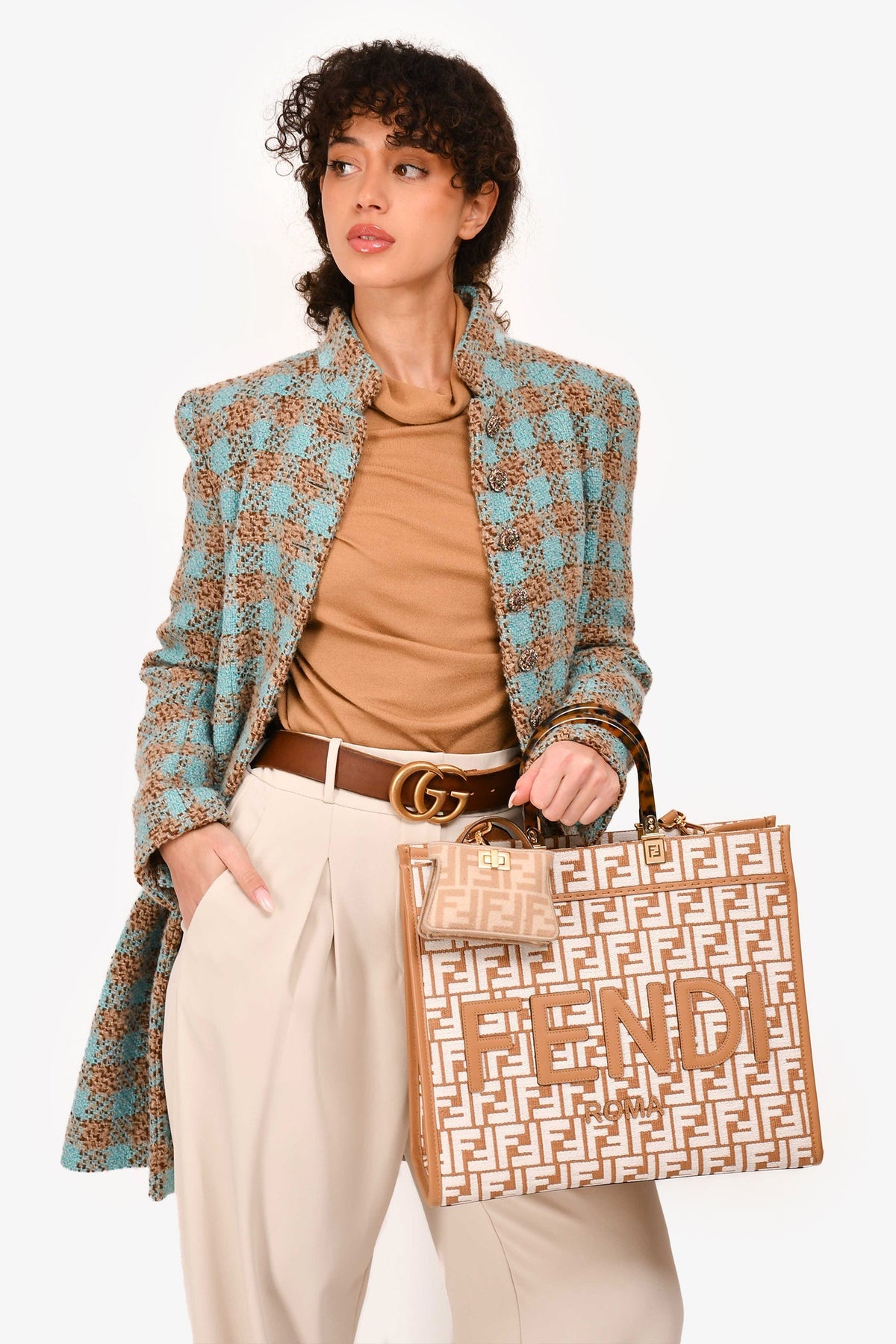 Fendi Brown/ White Leather/Canvas FF Zucca Sunshine Shopping Tote With Strap