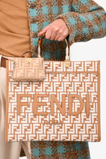 Fendi Brown/ White Leather/Canvas FF Zucca Sunshine Shopping Tote With Strap