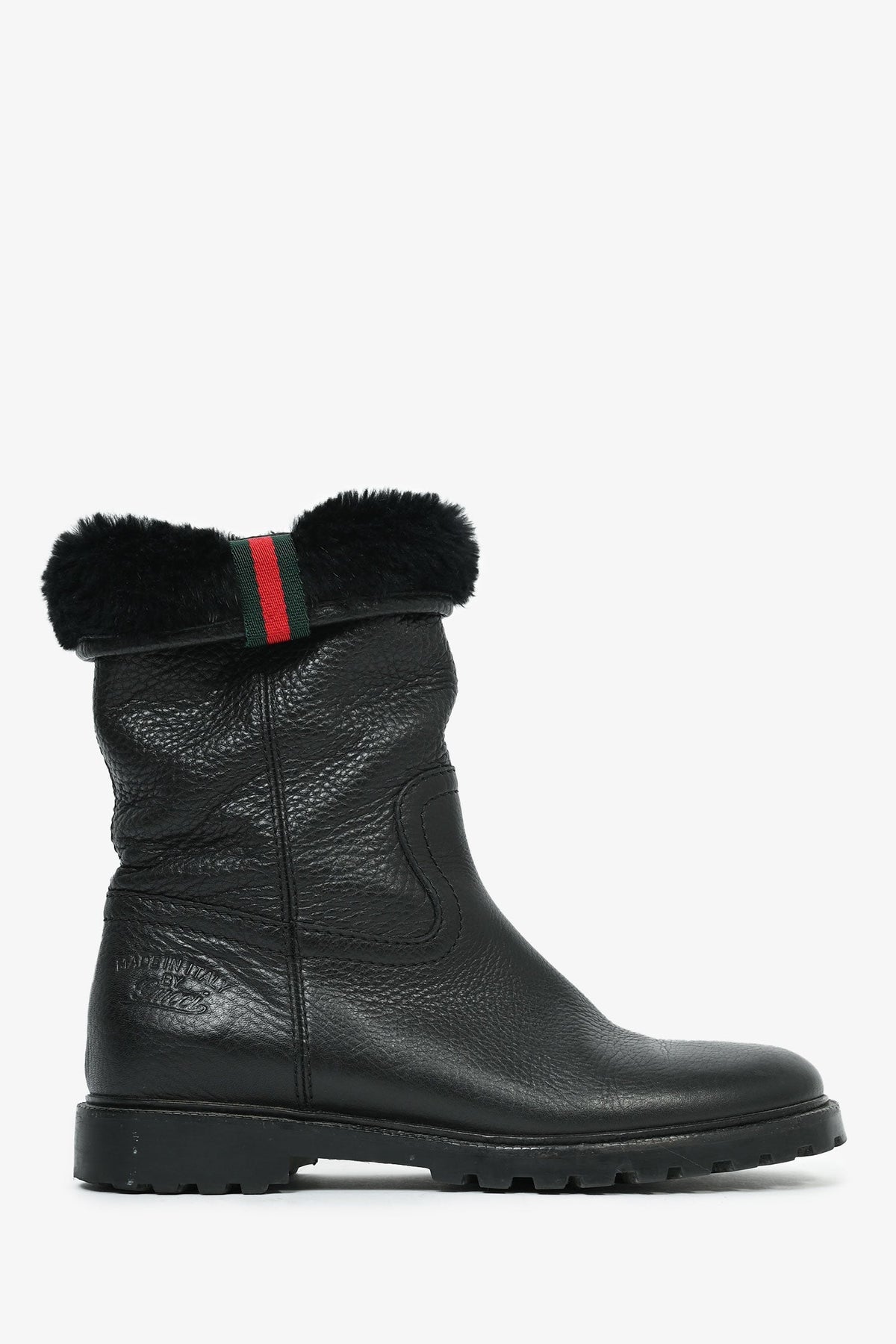 Gucci Black Leather Web Detail Fur Lined Boots Est. Size 36