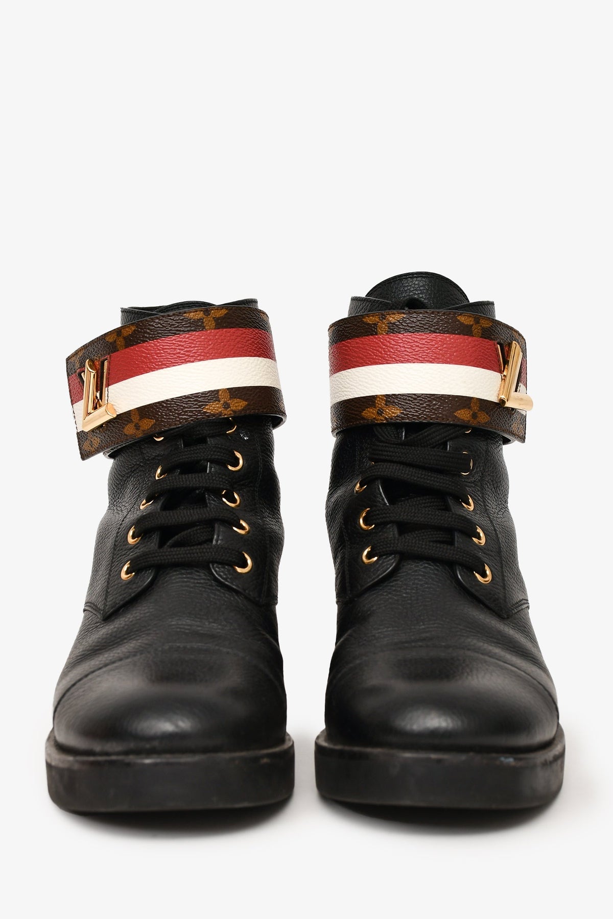 Louis Vuitton Black Leather Combat LV Clasp Boots Size 36.5