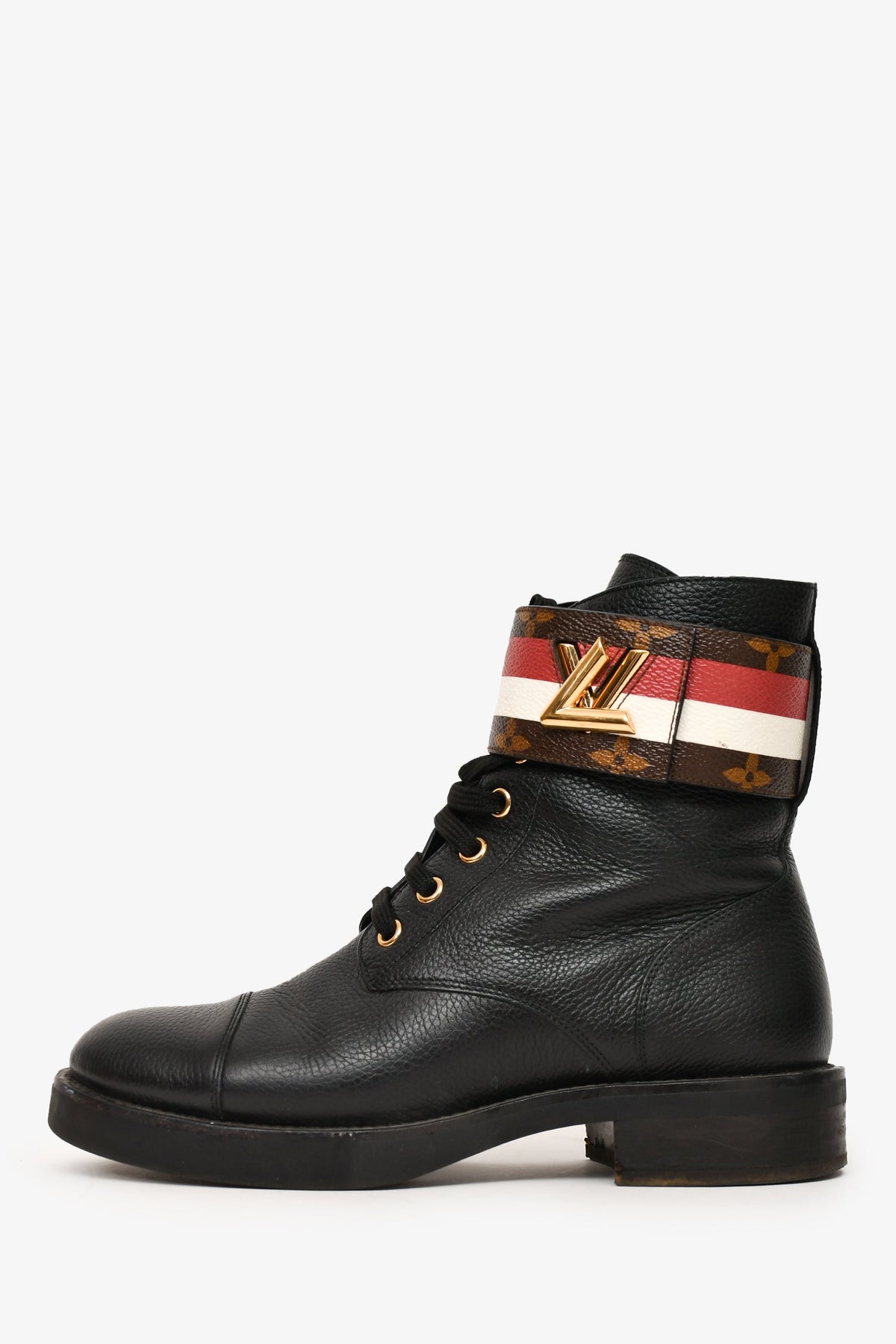 Louis Vuitton Black Leather Combat LV Clasp Boots Size 36.5