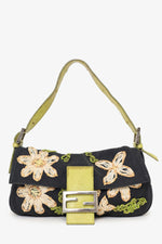 Fendi Black/lime Green Fabric/Python Floral Embroidered Mama Baguette Shoulder Bag 'As Is'
