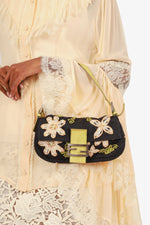 Fendi Black/lime Green Fabric/Python Floral Embroidered Mama Baguette Shoulder Bag 'As Is'