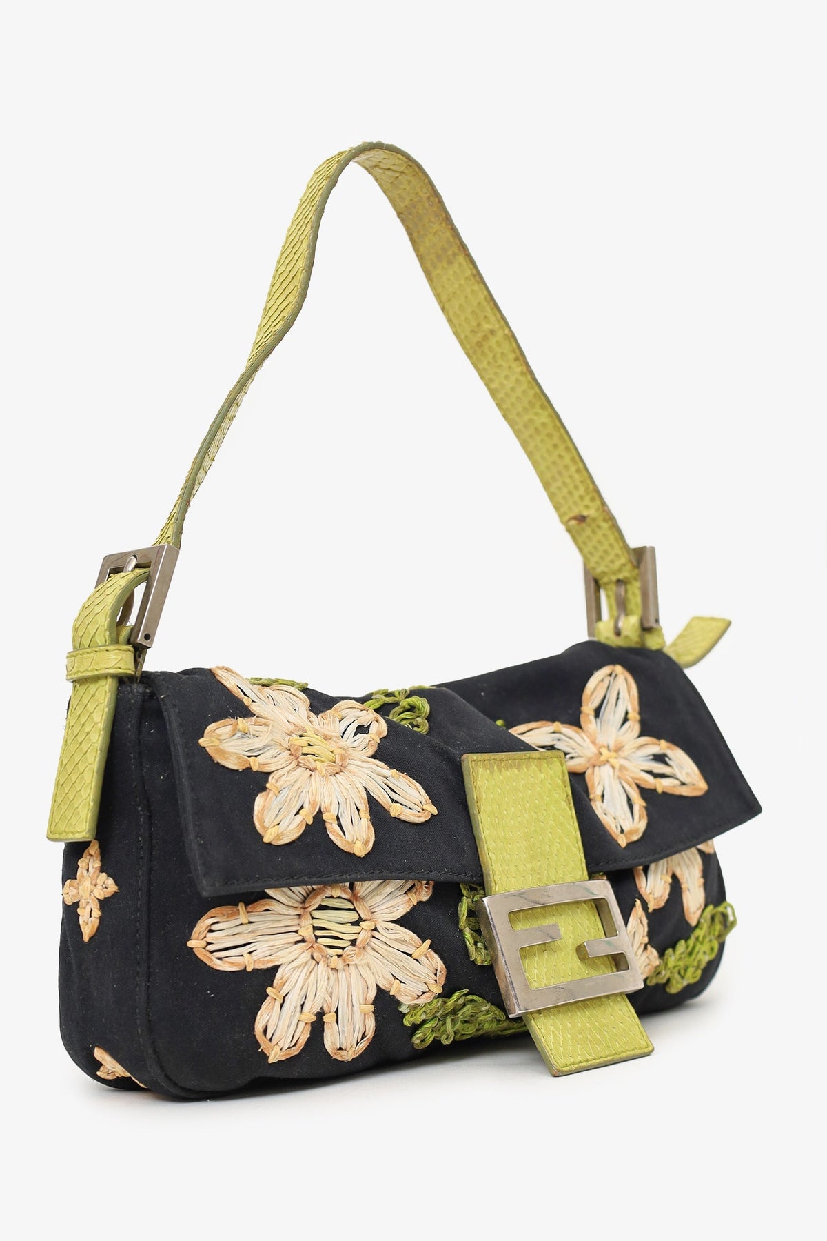 Fendi Black/lime Green Fabric/Python Floral Embroidered Mama Baguette Shoulder Bag 'As Is'