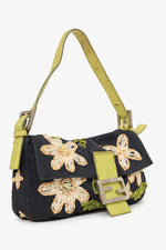 Fendi Black/lime Green Fabric/Python Floral Embroidered Mama Baguette Shoulder Bag 'As Is'