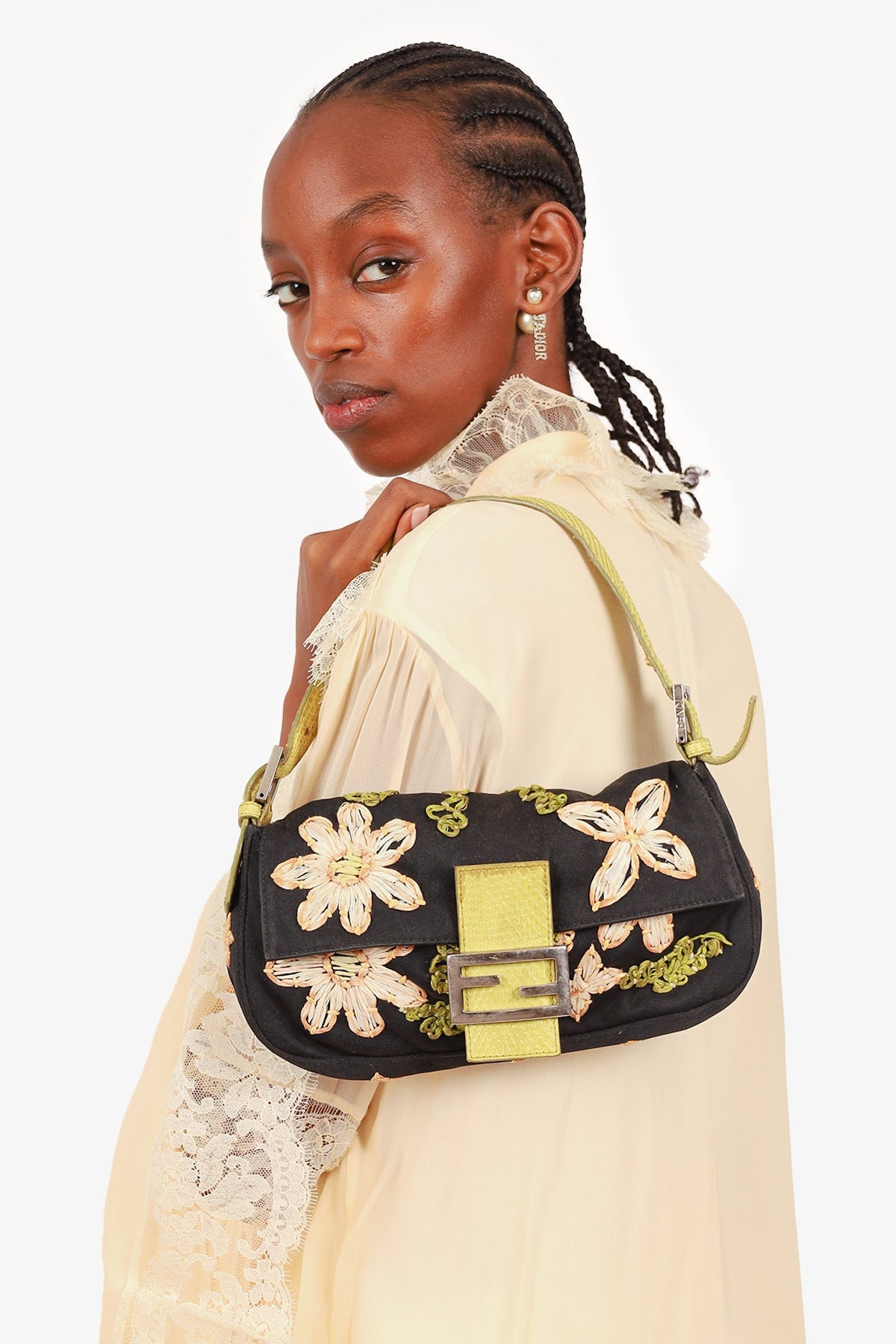 Fendi Black/lime Green Fabric/Python Floral Embroidered Mama Baguette Shoulder Bag 'As Is'
