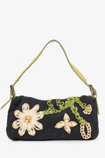 Fendi Black/lime Green Fabric/Python Floral Embroidered Mama Baguette Shoulder Bag 'As Is'