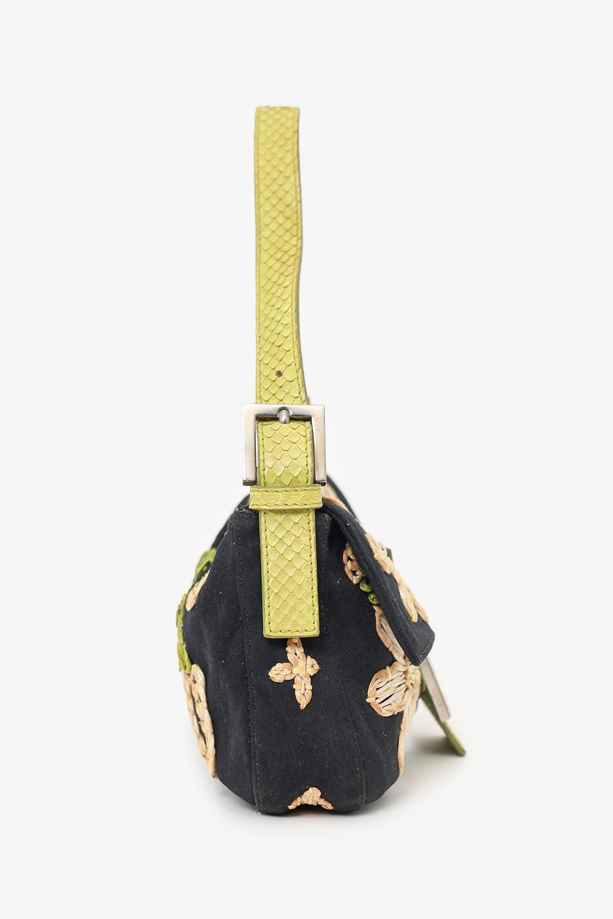 Fendi Black/lime Green Fabric/Python Floral Embroidered Mama Baguette Shoulder Bag 'As Is'