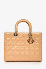 Christian Dior Beige Cannage Patent Leather Large Lady Dior Tote with Strap