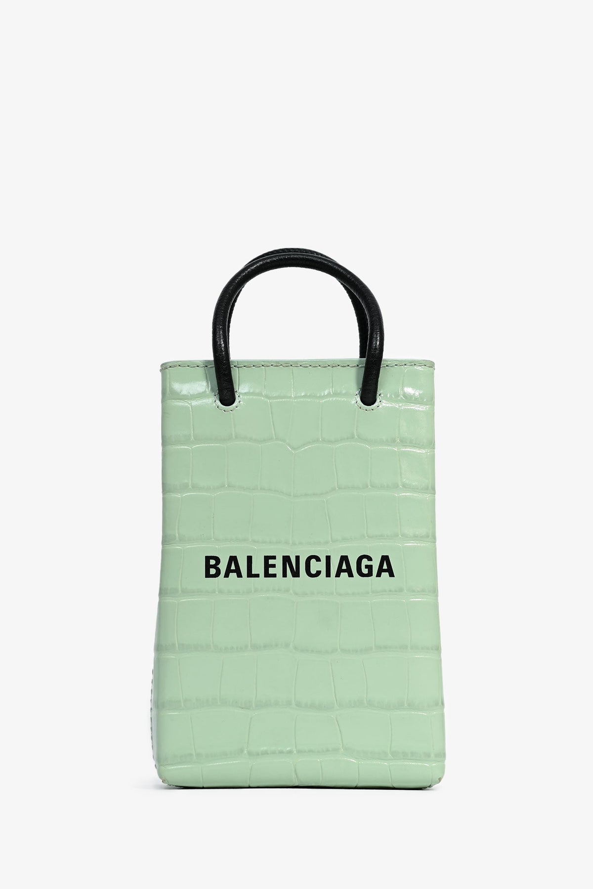 Balenciaga Green Leather Croc Embossed Logo Crossbody Mini Tote