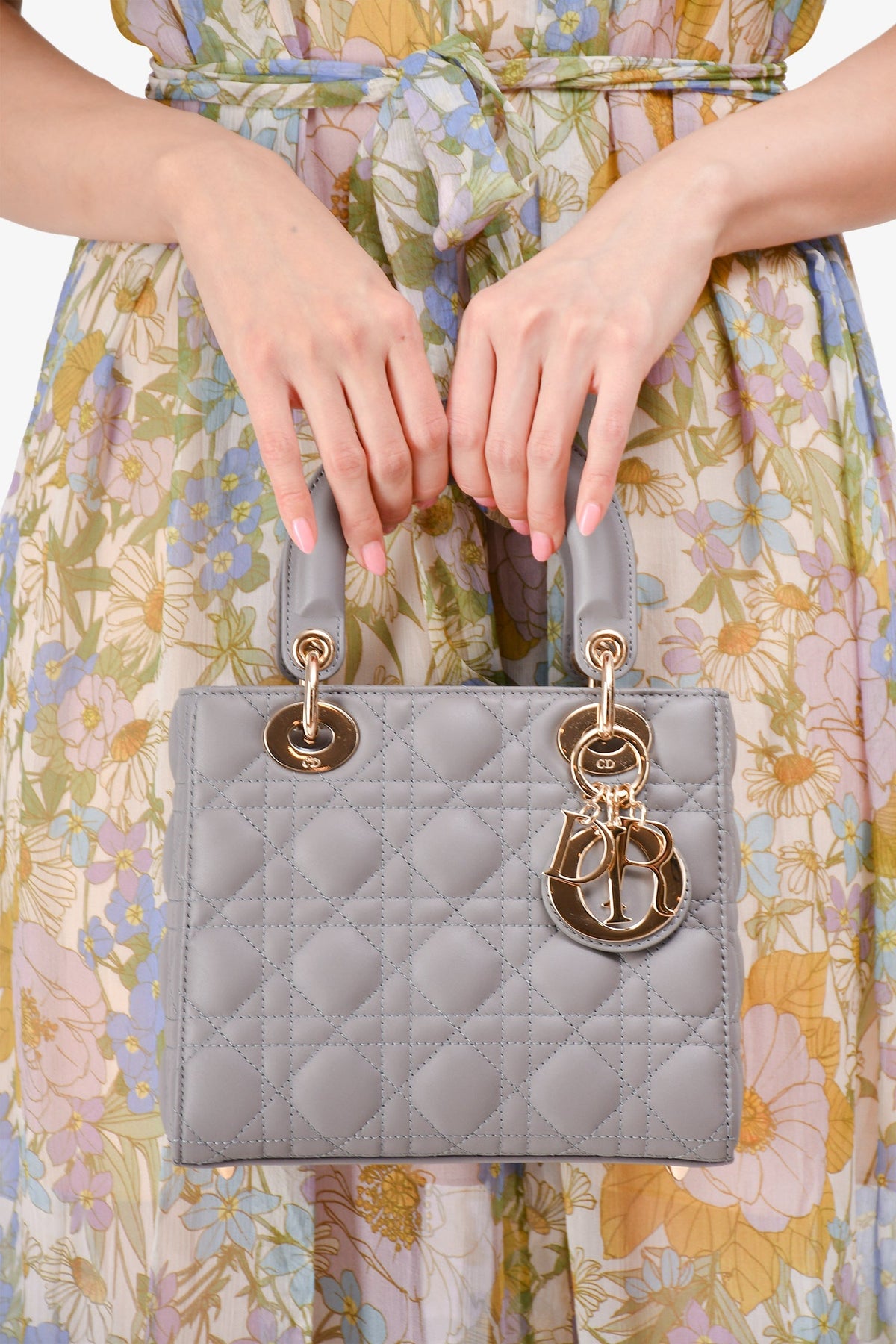 Christian Dior 2023 Grey Leather Cannage Small Lady Dior with Strap