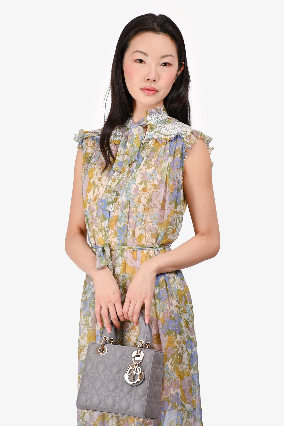 Christian Dior 2023 Grey Leather Cannage Small Lady Dior with Strap