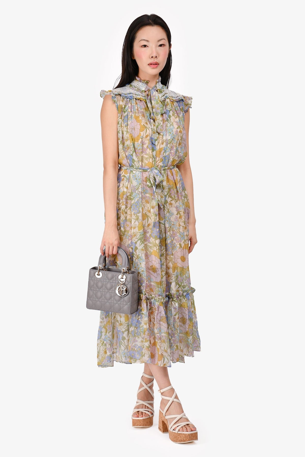 Christian Dior 2023 Grey Leather Cannage Small Lady Dior with Strap