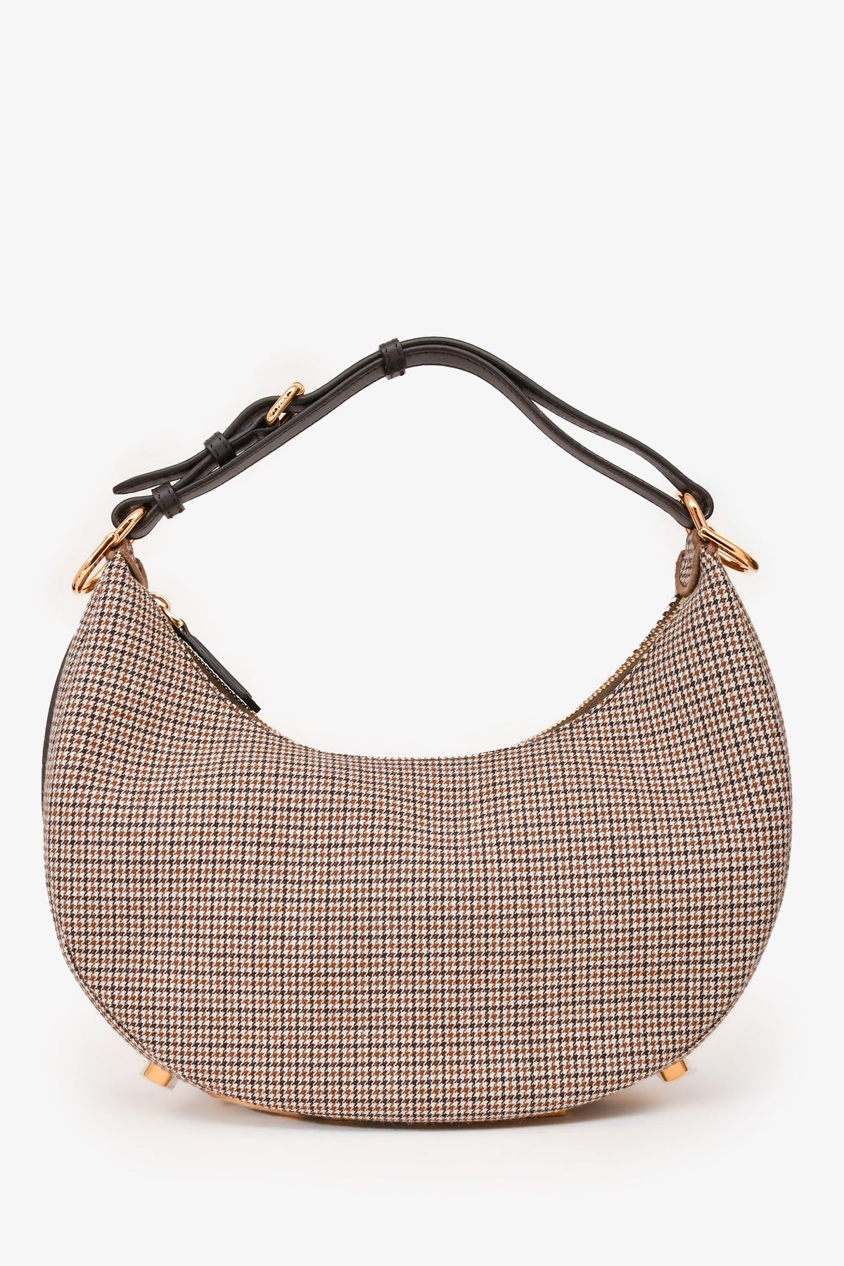 Fendi Brown Leather/Fabric Houndstooth Fendigraphy Small Shoulder Bag