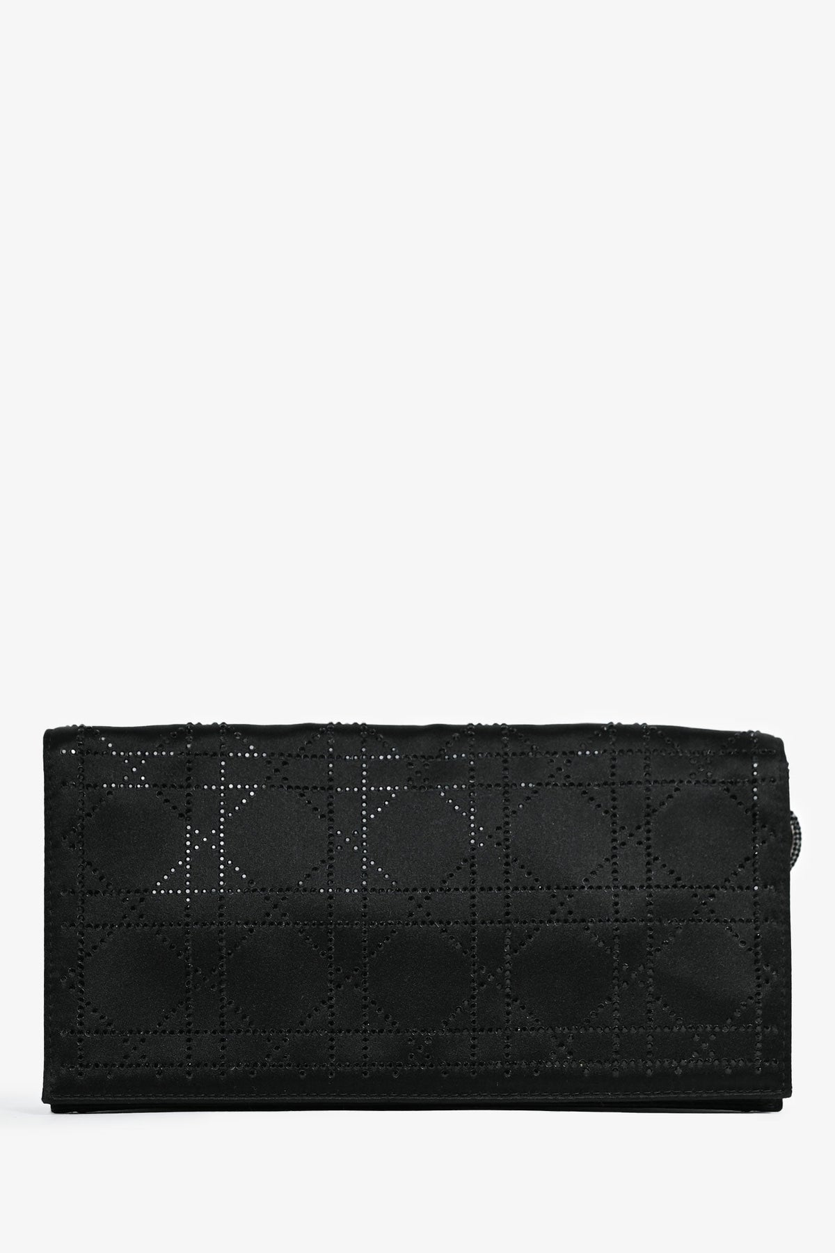 Christian Dior 2008 Black Satin Crystal Cannage Clutch On Chain