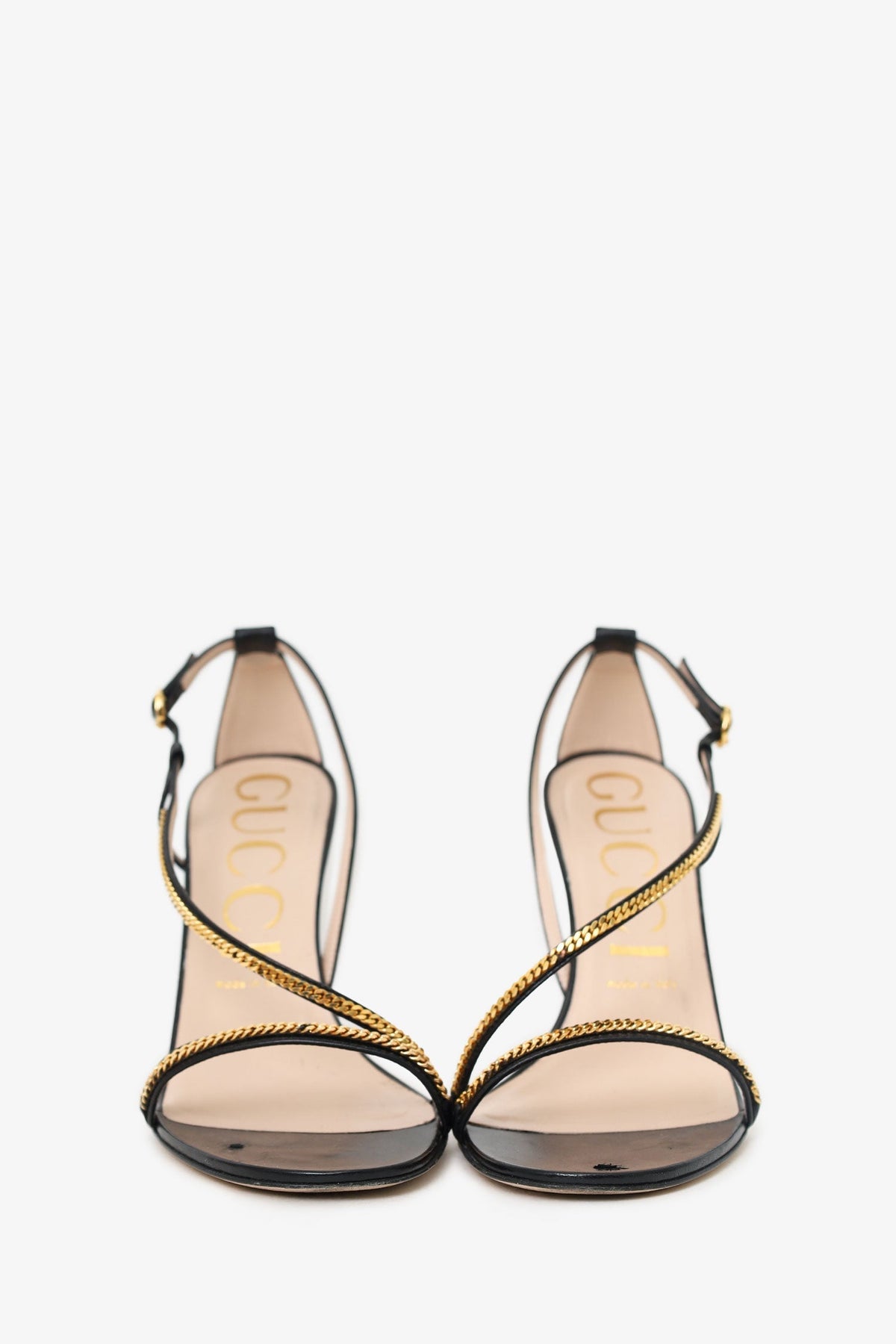 Gucci Black Leather 95mm Sylvie Chain Sandals Size 39.5