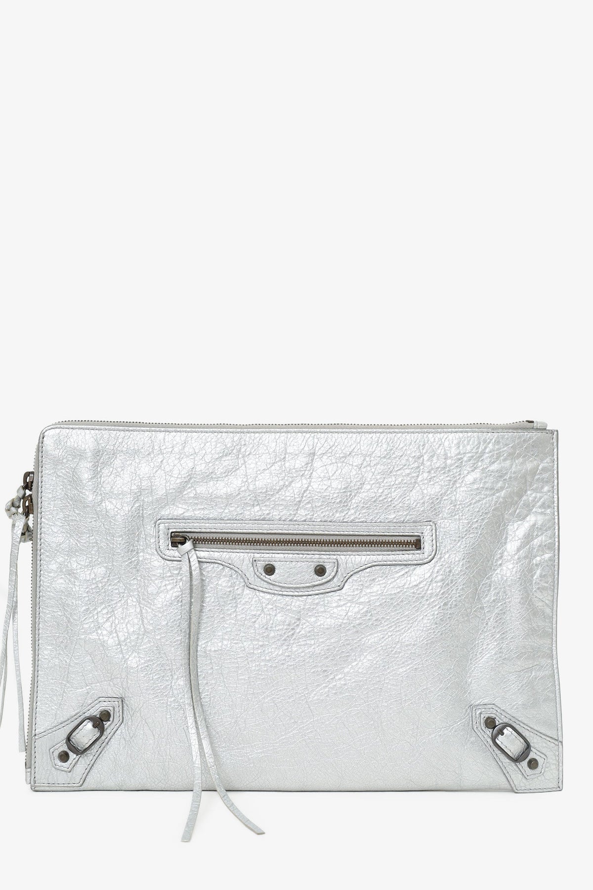 Balenciaga Silver Metallic Lambskin Leather Motocross Clutch
