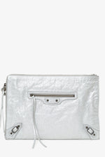Balenciaga Silver Metallic Lambskin Leather Motocross Clutch
