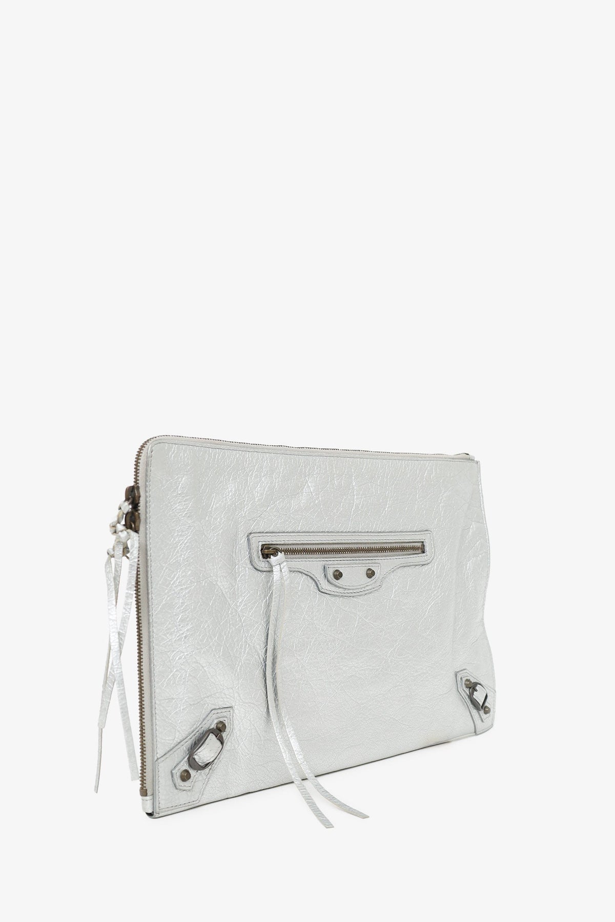 Balenciaga Silver Metallic Lambskin Leather Motocross Clutch