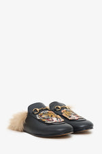 Gucci Black Leather Tiger Embroidered Slip On Fur Loafers Size 37