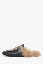 Gucci Black Leather Tiger Embroidered Slip On Fur Loafers Size 37