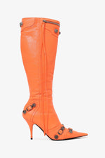Balenciaga Limited Edition Orange Leather Studded Pointy 'Cagole' Boots Size 39