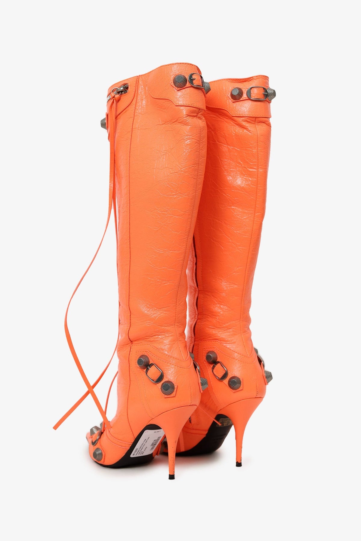 Balenciaga Limited Edition Orange Leather Studded Pointy 'Cagole' Boots Size 39