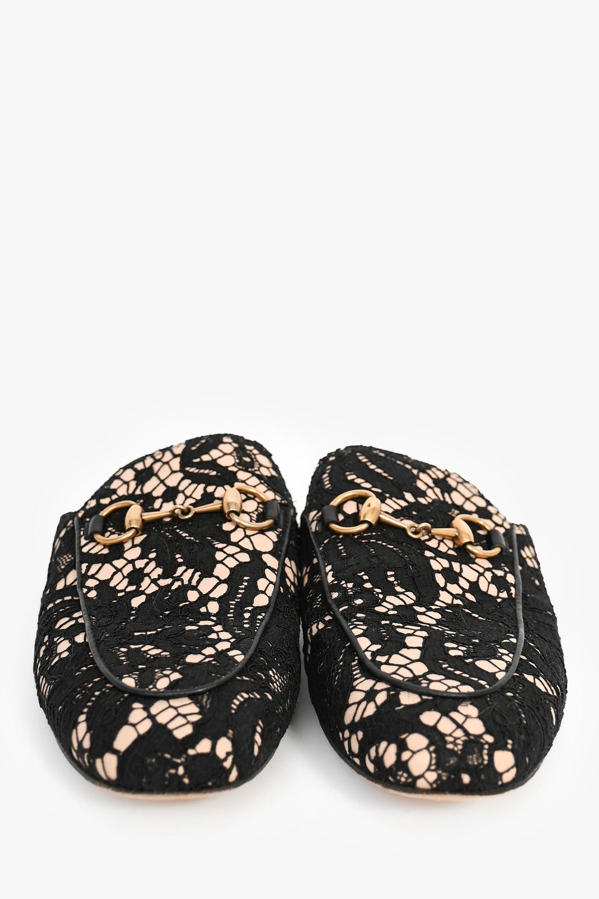 Gucci Black/Beige Lace Horsebit Slides Size 36