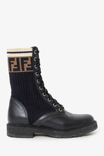 Fendi Black Leather Zucca Sock Combat Boots Size 35