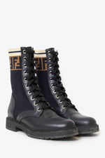 Fendi Black Leather Zucca Sock Combat Boots Size 35
