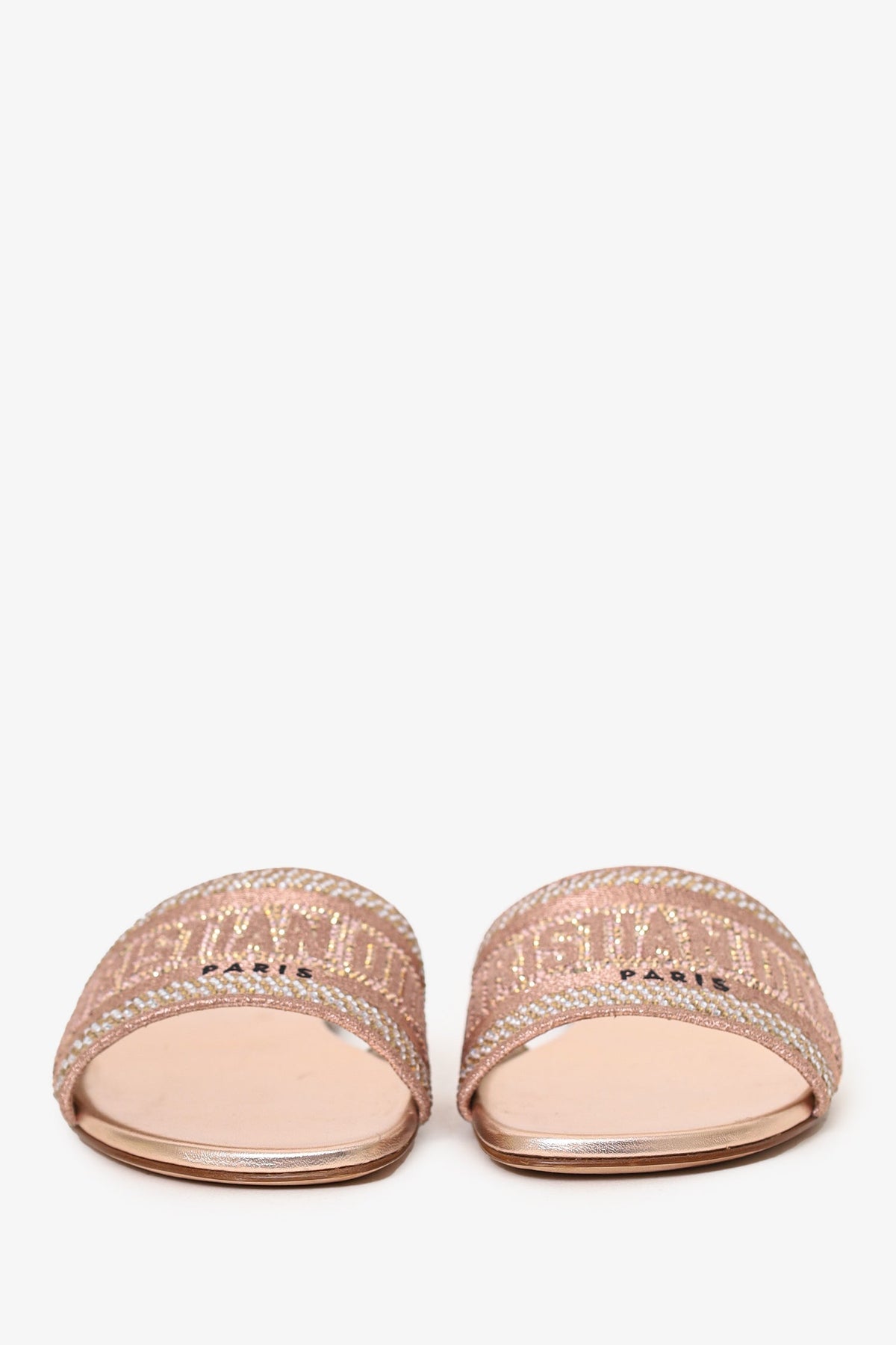Christian Dior Rose Gold Metallic Canvas Crystal Embellished D-Way Flat Slides Size 36.5
