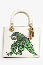 Christian Dior x Nika De Saint Phalle 2018 White Leather Medium Dragon 'Lady Dior' Top Handle Bag with Strap