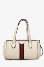 Gucci White Leather Small Ophidia Sylvie Web Boston Bag with Strap
