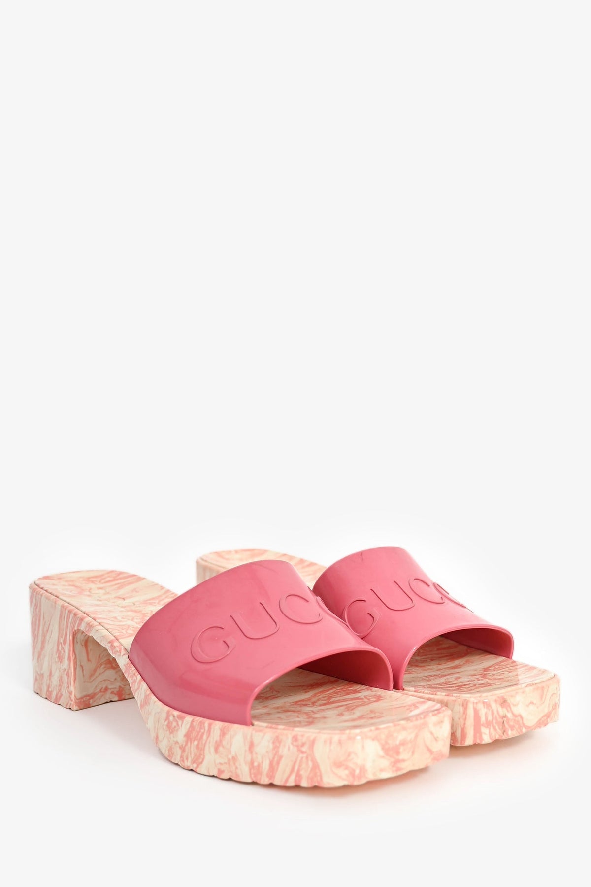 Gucci Pink Rubber Marble Logo Heeled Sandals Size 38
