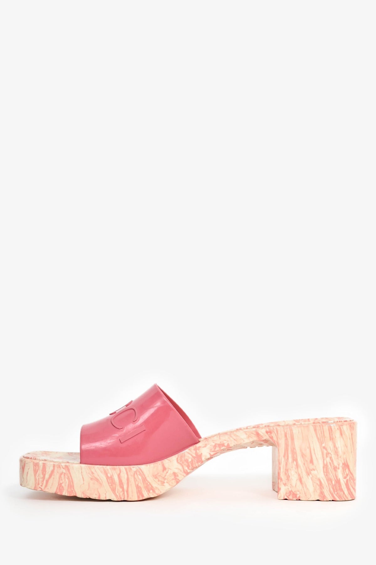 Gucci Pink Rubber Marble Logo Heeled Sandals Size 38