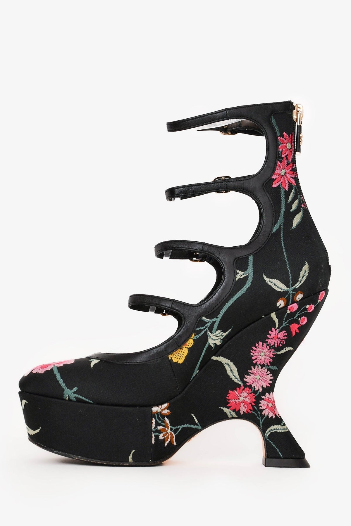 Christian Dior Black/Pink Satin Floral Strappy Wedge Heels Size 37